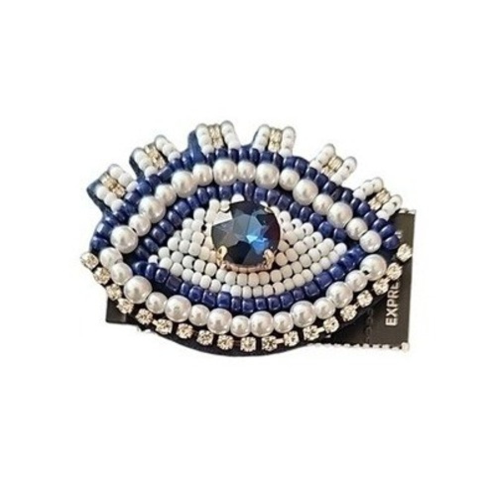 Express Evil Eye Beaded Brooch Pin Blue White Pearl Rhinestone Statement NWT